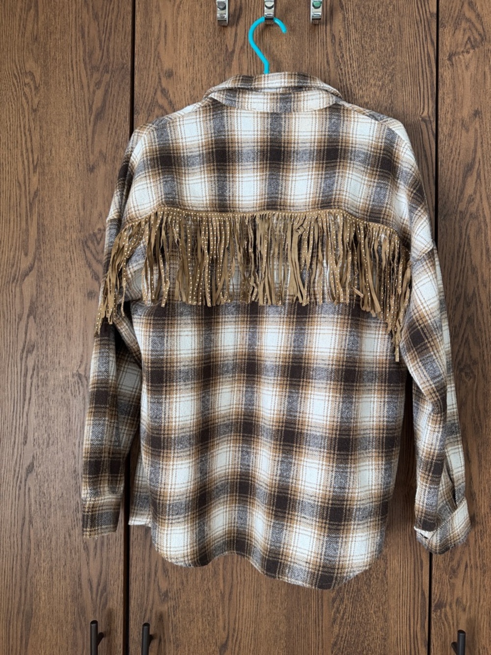 Plaid Button-Up Shirt Jacket in Cream and Brown